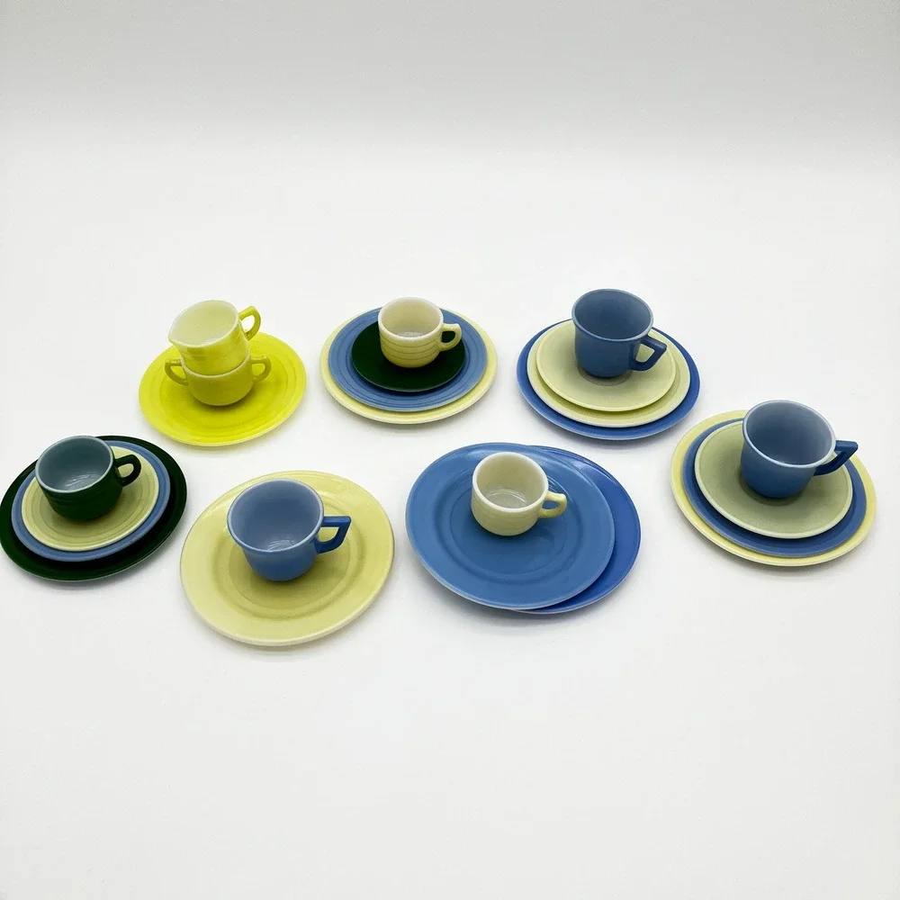 Akro Agate Vintage 1930-1940's Mini Toy Tea Set 24pc Pastel Slag Glass Dish Lot